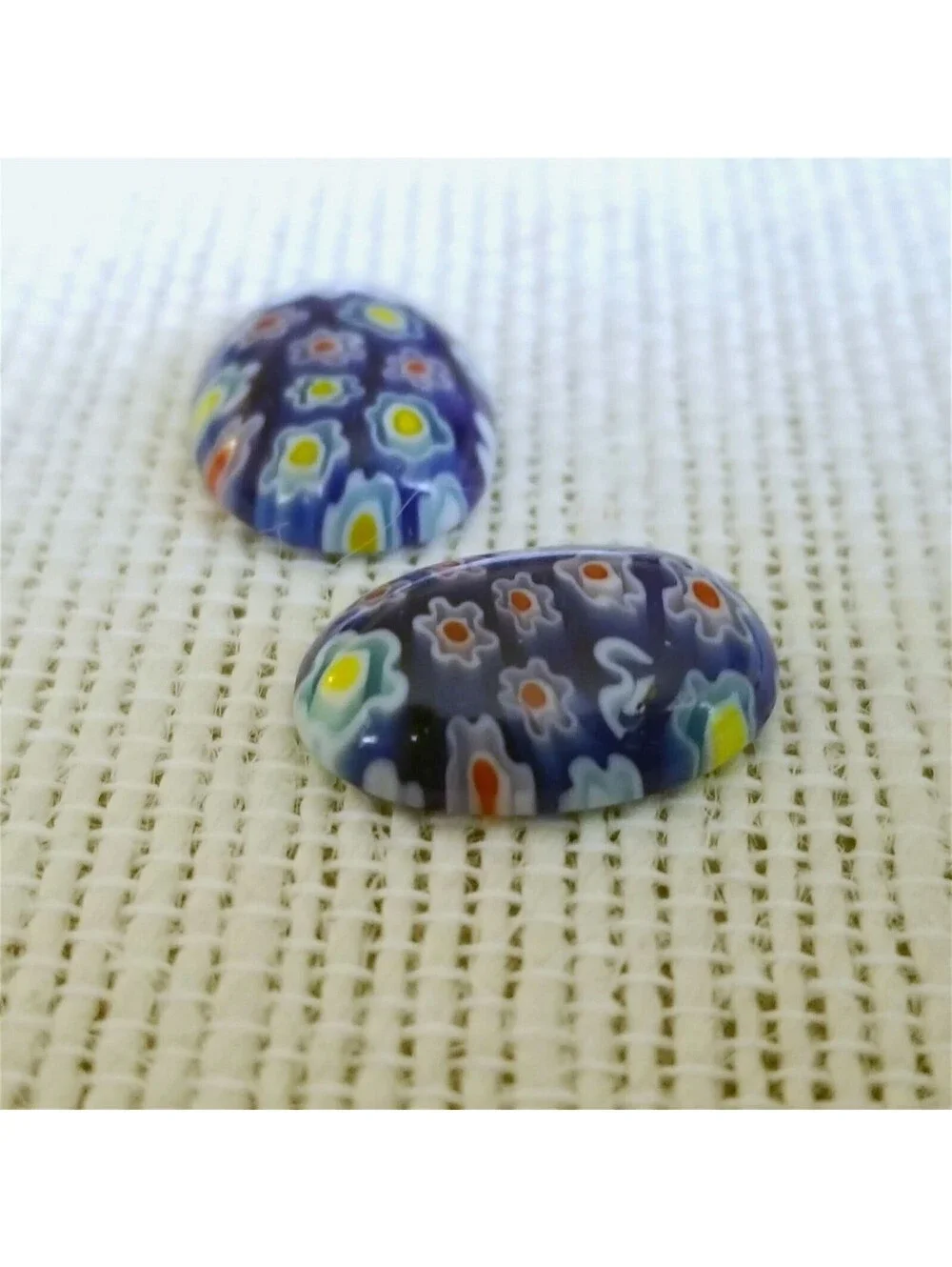 Millefiori Art Glass Cabochons 18x13mm Oval Cobalt Blue Multi Flowers 2 pcs